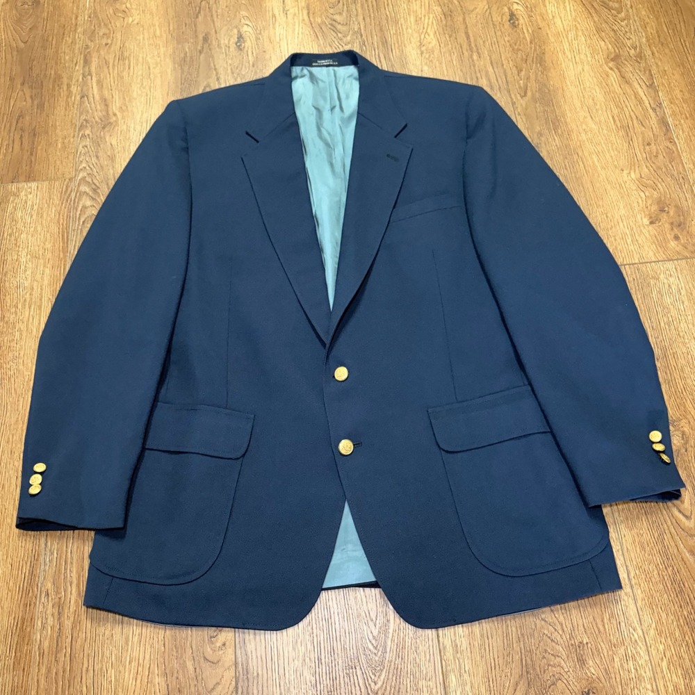 VTG Stafford Mens 46L Navy Blue Blazer Gold Crest Buttons Worsted Wool Coat USA